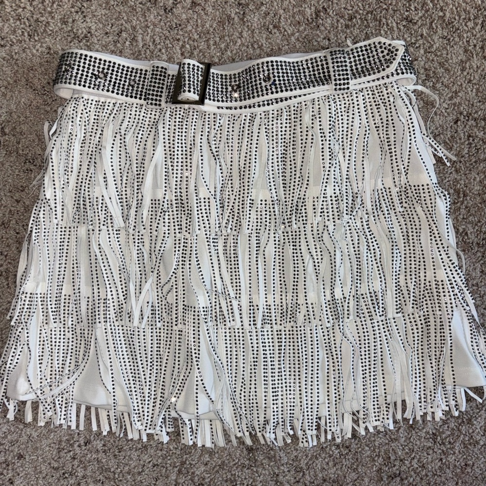 White Fringe Mini Skirt with rhinestone Stud Detail